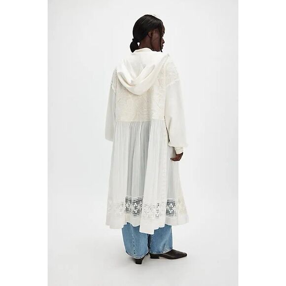 New Free People Float On Cardi Hooded Crochet Lace Sweatshirt Button Ivory S - Picture 2 of 13